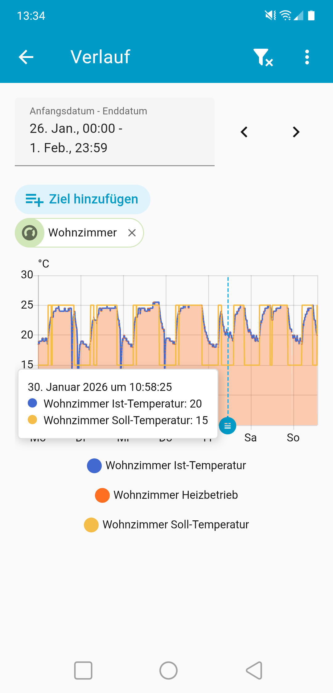 Screenshot aus der App HomeAssistant eines Heizungsthermostates